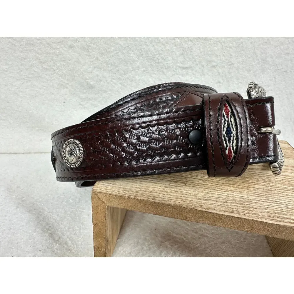 Western Brown Leather Belt Tooled Basketweave Embroidered Keeps & Conchos SZ 42